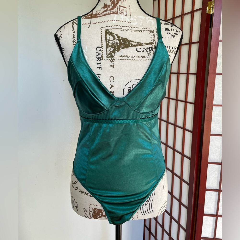 Emerald Green Satin Bodysuit, Size L